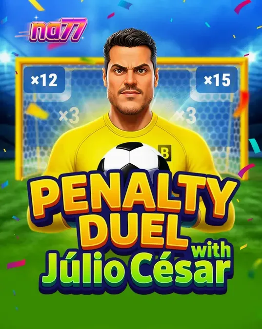 Tampilan antarmuka permainan slot Penalty Duel dengan Júlio César yang menampilkan gawang dan kiper.